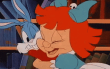 a couple of cartoon characters standing next to each other in a library .