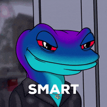 a blue and purple lizard is wearing a black jacket and has the word smart written below it