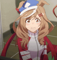 a close up of a girl with a blue hat and ears