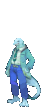 a pixel art of a person dressed as a lizard in blue pants and a blue jacket .