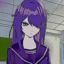 pixel art of a girl with purple hair and blue eyes