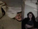 a man is upside down next to a woman in glasses