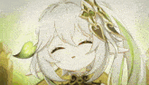 a drawing of a girl with white hair and green eyes with a leaf in her hair