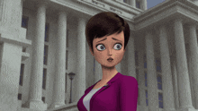 a woman in a purple suit stands in front of a building