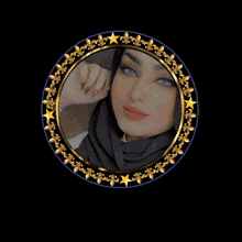 a picture of a woman in a circle with gold stars around it