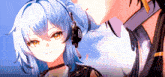 a girl with blue hair and headphones has the letter r on her ear