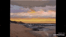 a painting of a beach with the words made in animatica at the bottom