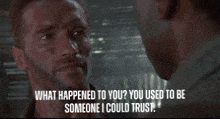 two men are looking at each other and one of them says " what happened to you "