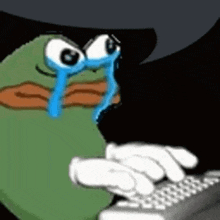 a cartoon of a frog crying while typing on a keyboard .