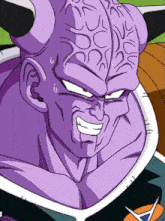 a close up of a cartoon character with a purple head and horns