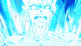 a drawing of a man with his mouth open and a blue light behind him