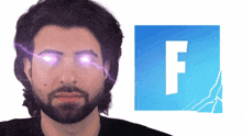 a man with a beard is standing in front of a blue fortnite logo