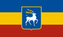 a blue yellow and red flag with a deer with an arrow in its back