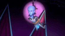 a cartoon character is hanging from a rope with a purple background