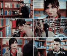 a man and a woman are standing in a library looking at books together