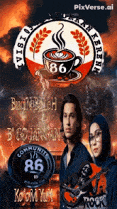 a poster with a man playing a guitar and a woman wearing a hijab