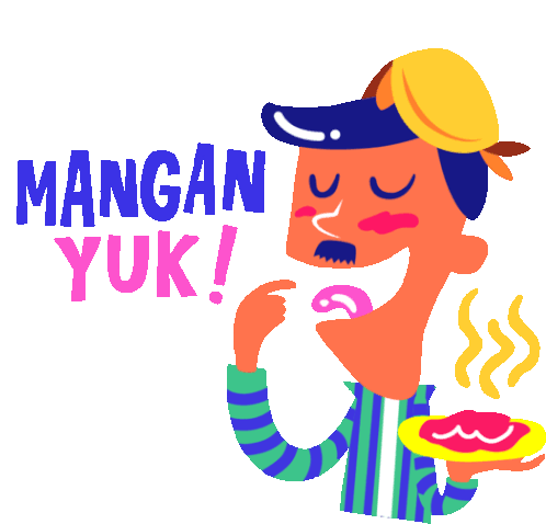 Mas Holds Food With Caption Let'S Eat In Indonesian Sticker - Mas Bedjo And Hip Hop Mangan Yuk Hungry Stickers