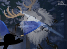 a cartoon drawing of a deer with a sword and shield with the letters jb on the bottom