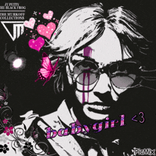 a black and white drawing of a man with pink butterflies and the words babygirl < 3 on the bottom