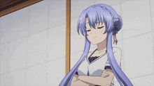 a girl with long blue hair is standing with her arms crossed and her eyes closed