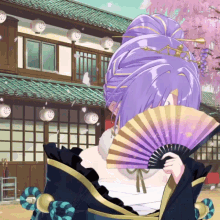 a girl with purple hair holding a fan in front of a building