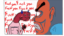a drawing of a devil with horns and the words " fuck you "