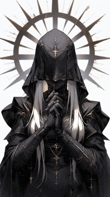 a drawing of a woman with long white hair and a hood with a cross on it