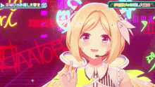 a 3d anime girl with blonde hair and a microphone on her head .
