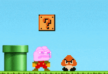 a video game scene with a green pipe and a purple character