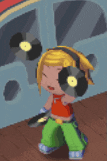 a pixel art drawing of a girl holding records
