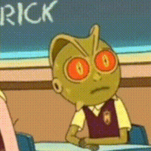 a cartoon character with red eyes is sitting at a desk in front of a blackboard with the word rick written on it .