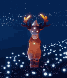 a person in a video game is standing in a field with glowing lights .