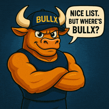 a cartoon bull wearing a hat that says bullyx on it