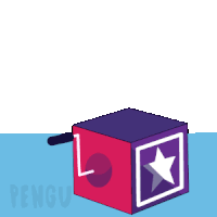 a penguin with a jester hat is in a box with the word pengu on it