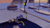 a video game scene with boats and a sign that says crash bandicoot on it .