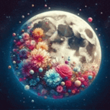 a painting of a full moon surrounded by colorful flowers