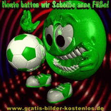 a green smiley face is holding a soccer ball and says " heute hatten wir scheiße anne fibe "
