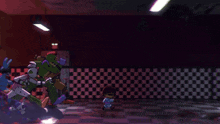 a group of cartoon characters are standing in a dark room with checkered floors