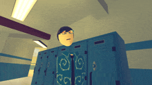 a cartoon character is standing in front of a row of lockers