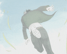 a drawing of a man with a green jacket flying through the air
