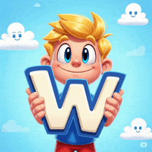 a cartoon boy is holding a large letter w