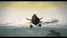a plane with a person sitting on top of it flying in the sky