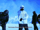 a group of people are standing in the snow and one of them says " this is finesse "