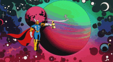 a cartoon of a superhero with a red cape standing in front of a colorful planet