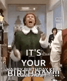 a man in a green vest is screaming in a room and says `` it 's your birthday ! ''