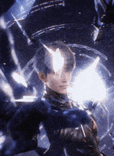 a man with a sword in his hand is surrounded by a dark background