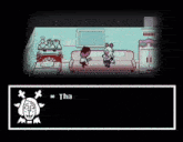 a screenshot of a video game with two characters sitting on a couch and talking to each other .