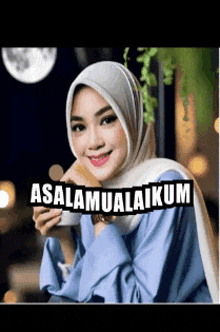 a woman wearing a hijab is holding a cup of coffee with the words assalamualaikum written above her