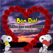 a picture of snoopy and woodstock surrounded by red roses and the words bom dia