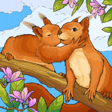 two squirrels kissing on a tree branch with flowers